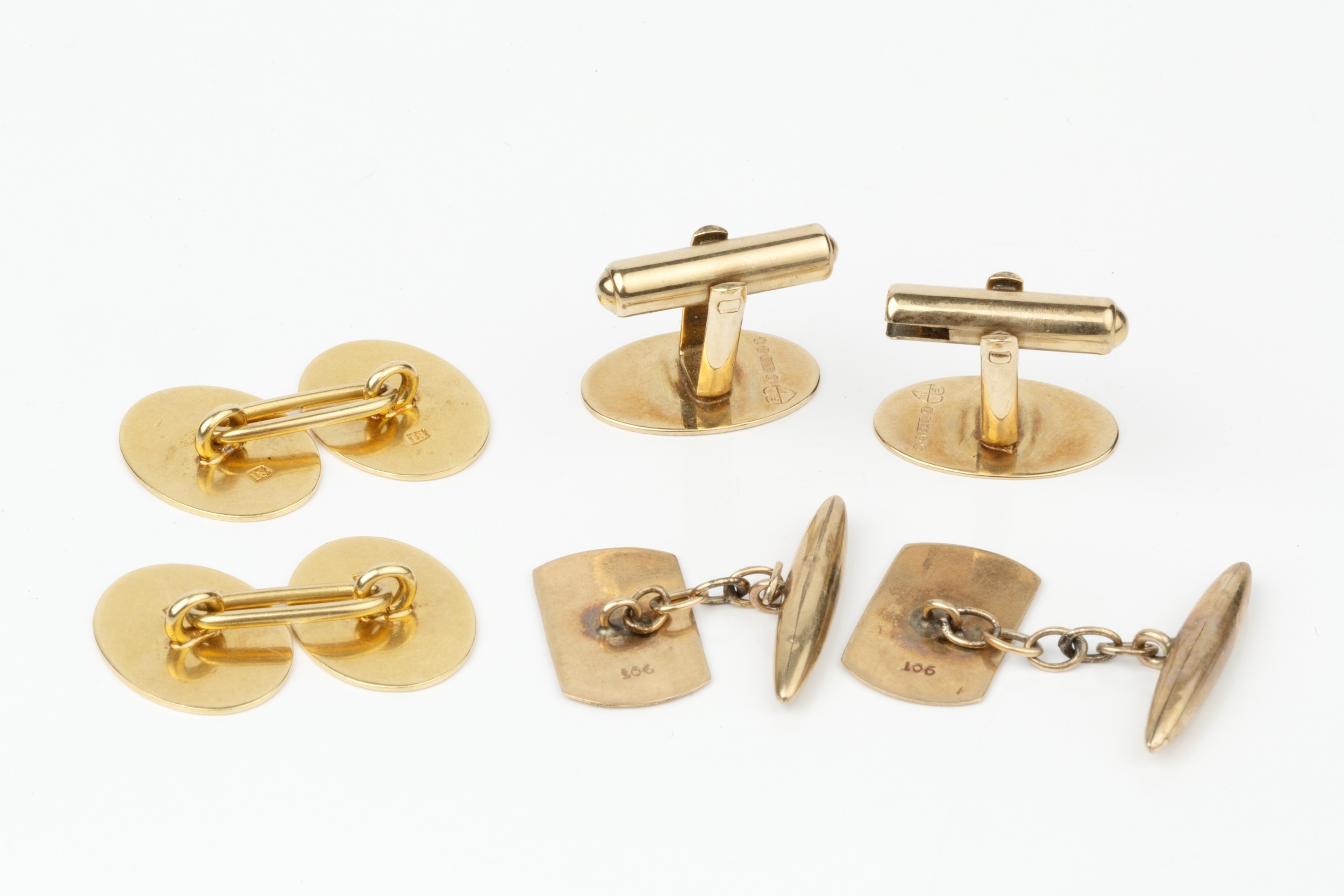 A pair of 18ct gold oval cufflinks, with engine turned borders, and two pairs of 9ct gold cufflinks. - Image 2 of 2