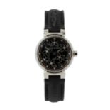A lady's steel and diamond 'Tambour' wristwatch by Louis Vuitton, the circular black dial with