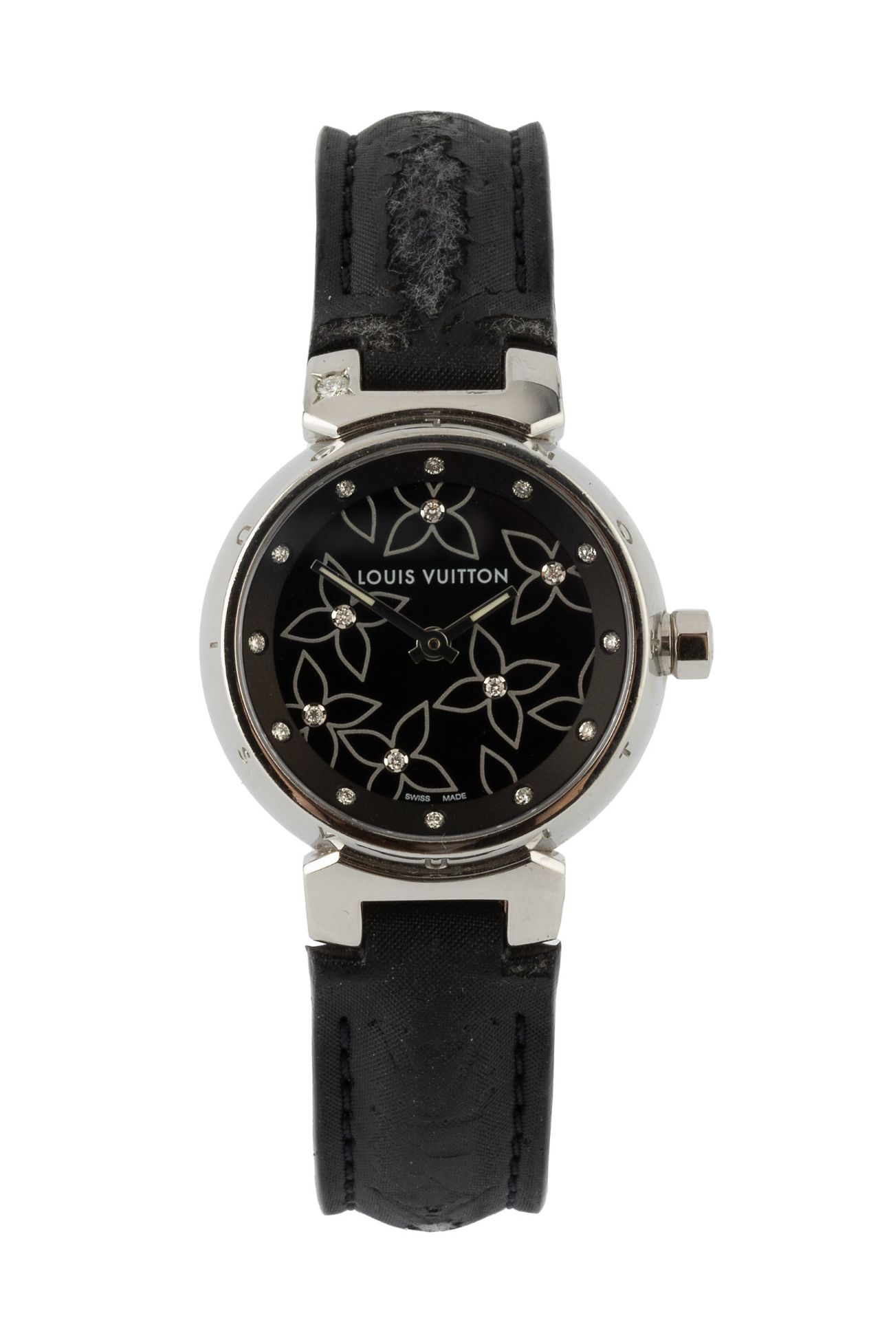 A lady's steel and diamond 'Tambour' wristwatch by Louis Vuitton, the circular black dial with