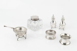 A collection of assorted silver, comprising a rectangular cigarette box, a filigree box, stamped