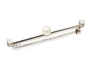 A diamond and cultured pearl bar brooch, the knife edge bar centred with a pearl (untested), and