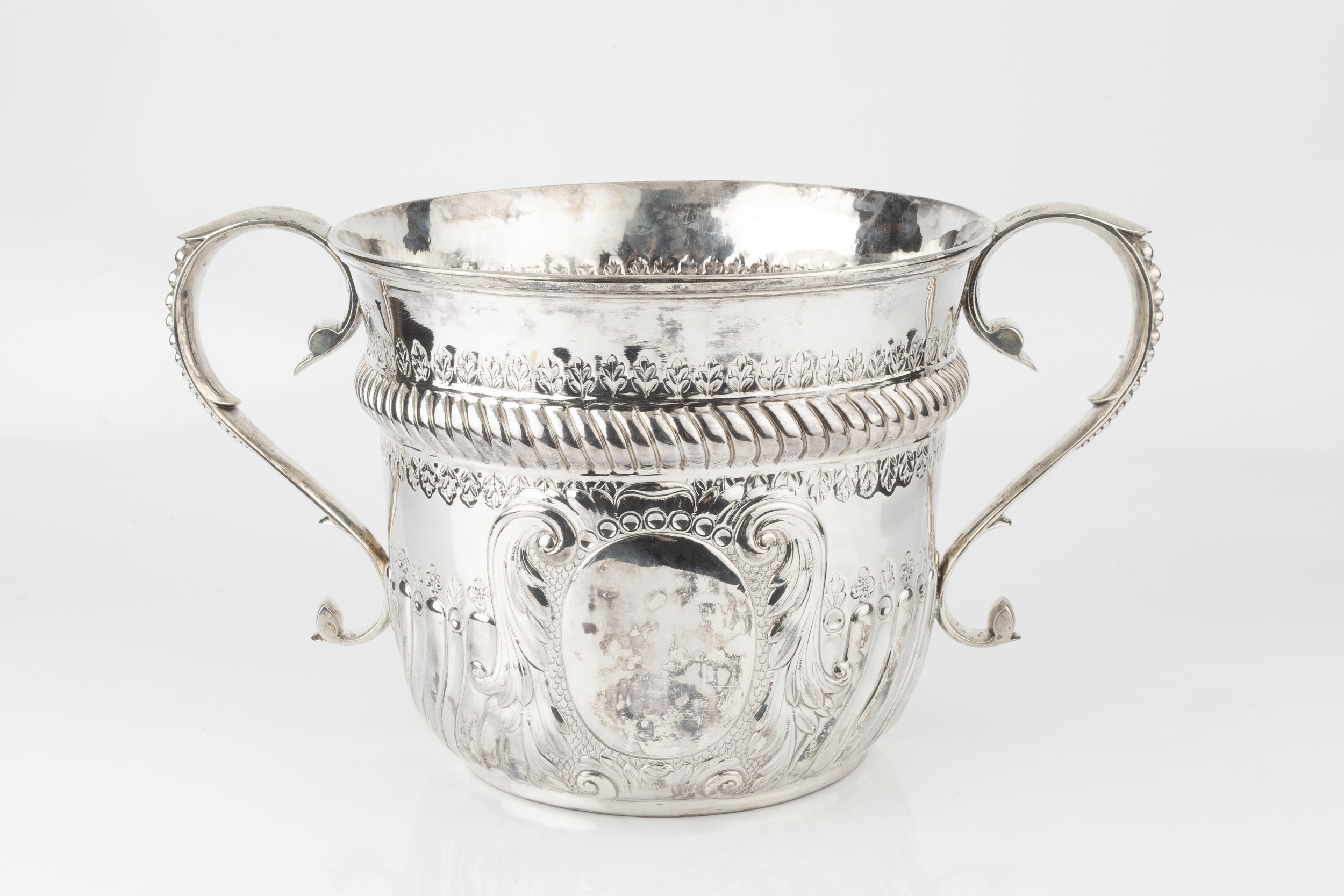 A late Victorian silver twin handled oversized porringer, the girdled body with spirally lobed lower - Image 3 of 4