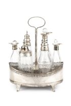 A George III silver oval condiment stand, with pierced and reeded border, central loop handle, and