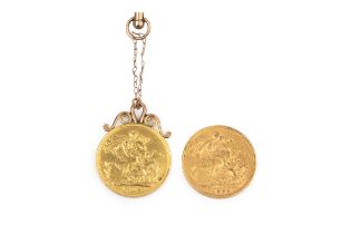 A Victoria sovereign, 1895, and an Edwardian sovereign, 1902, mounted as a fob pendant. (2)