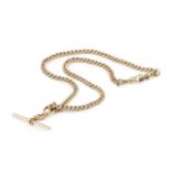 A 9ct gold curb link Albert chain, with T-bar, stamped 375, 46cm long approx 43.3g In good condition