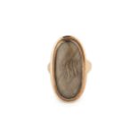 A George III gold oval memorial ring, the glazed hairwork panel with gilt monogram RW, inscribed