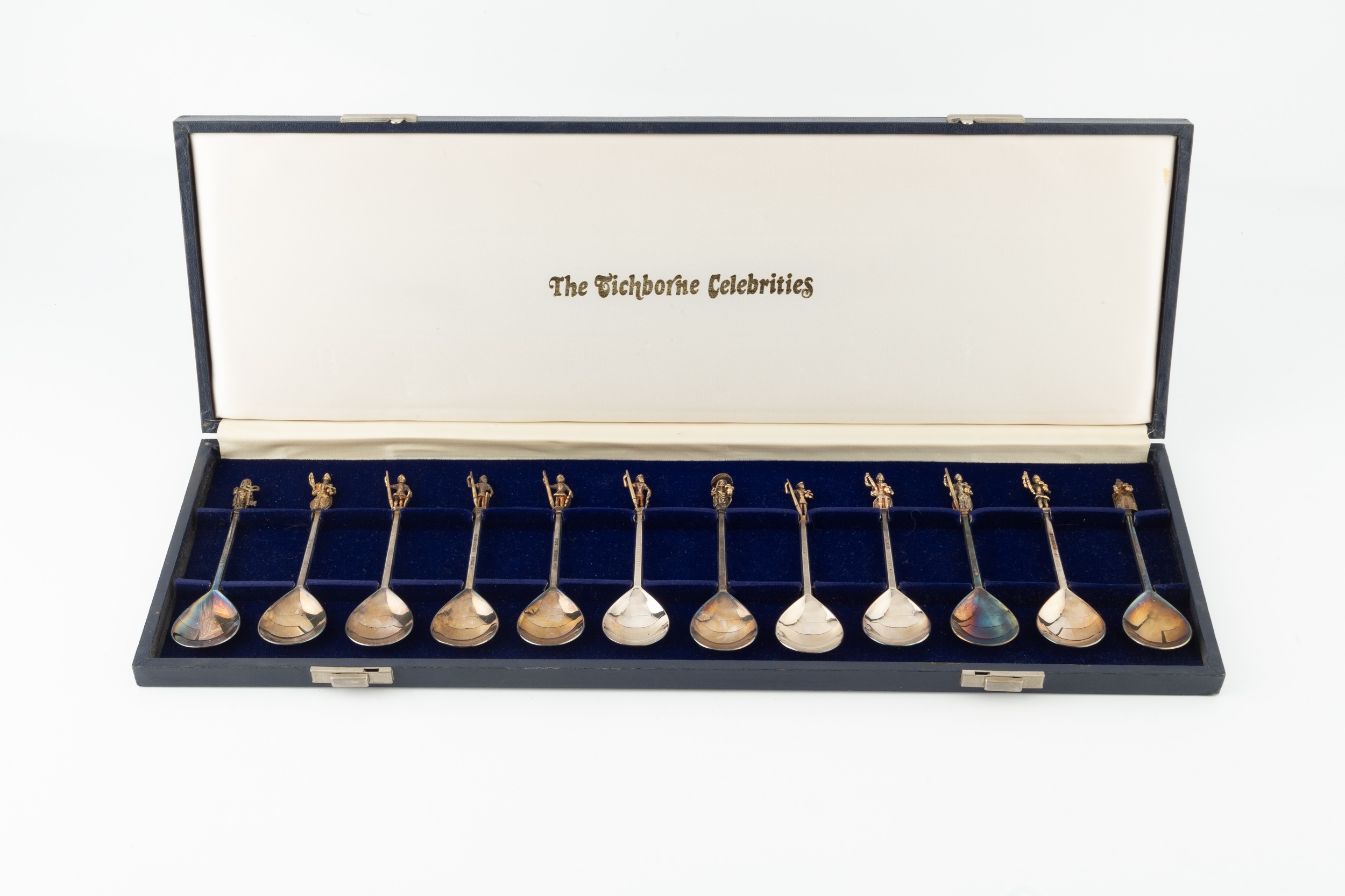 A set of twelve silver limited edition 'Tichborne Celebrities' spoons, with fig shaped bowls and