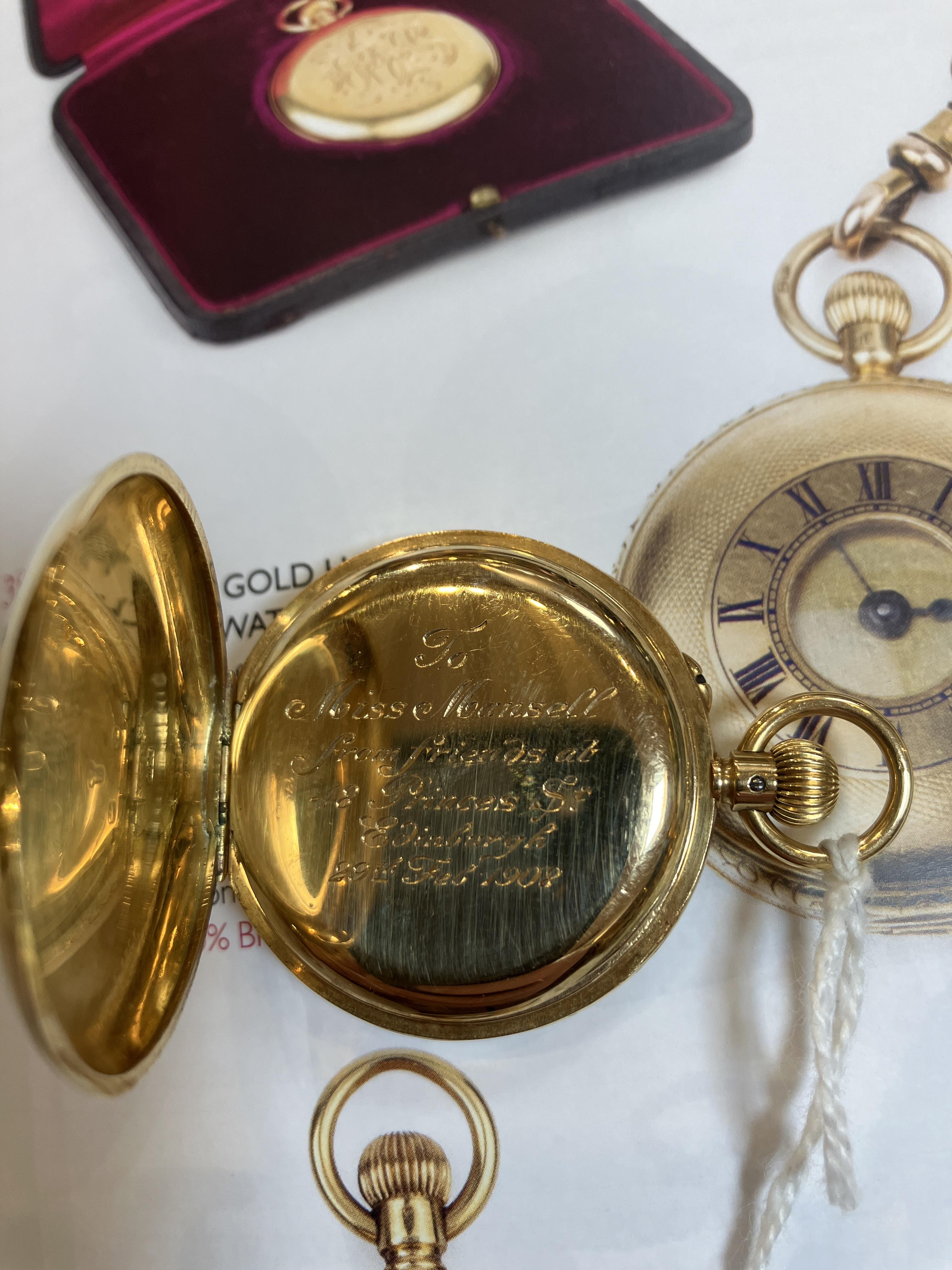 An Edwardian 18ct gold fob watch, with white enamel dial and keyless wind movement, the case - Image 5 of 5