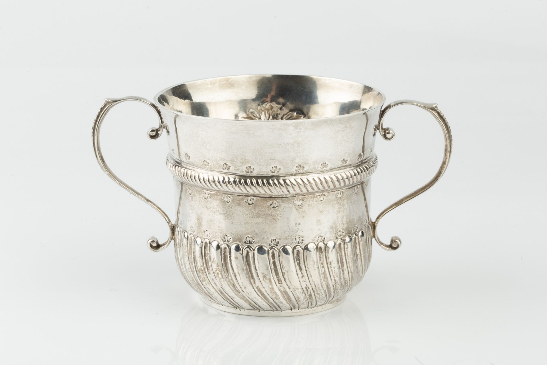 A George II silver porringer, having ropetwist girdle and part lobed decoration, foliate scroll - Image 2 of 3