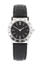 A steel wristwatch by Bulgari, the black dial with date aperture, quartz movement, the case back