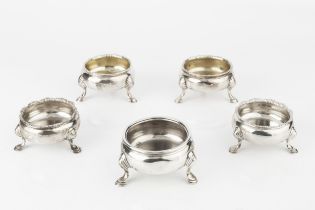 A pair of George II silver circular salts, on stepped pad feet by David Hennell I, London 1746,