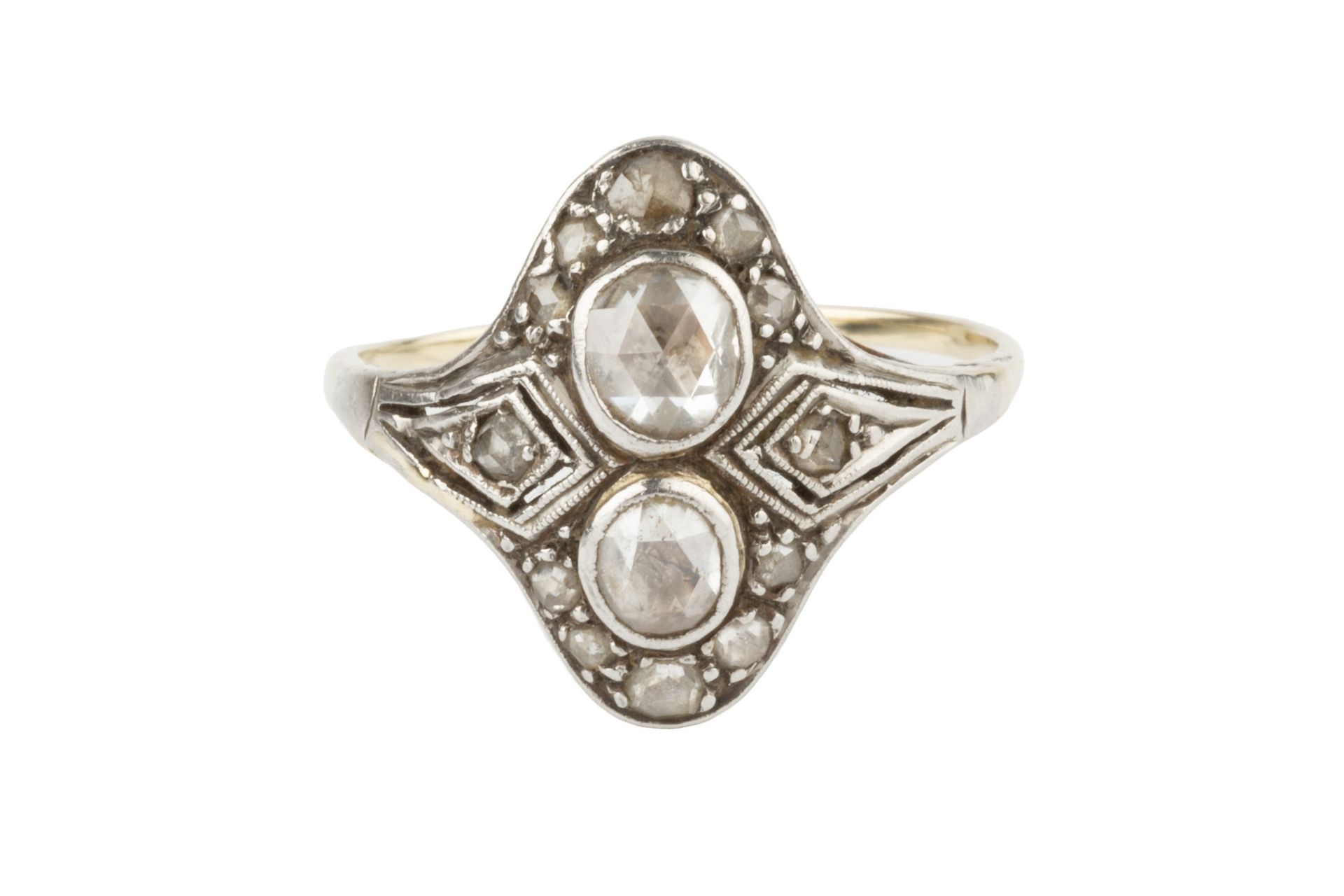 A diamond two stone ring, the two rose-cut stones set within a shaped border further set with - Image 4 of 4