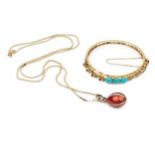 A 14K gold hinged bangle, with pierced decoration and set with three oval cabochon turquoise, and