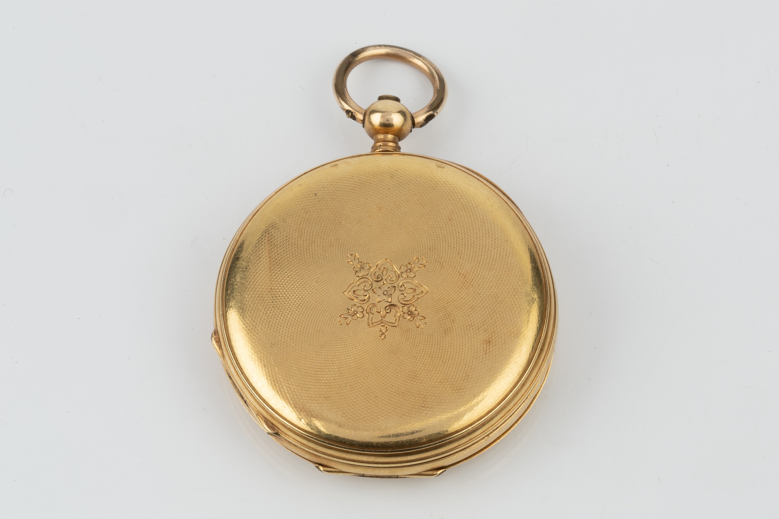 A Continental 18k gold hunter pocket watch, the engine turned front engraved with a cherub, - Image 3 of 6