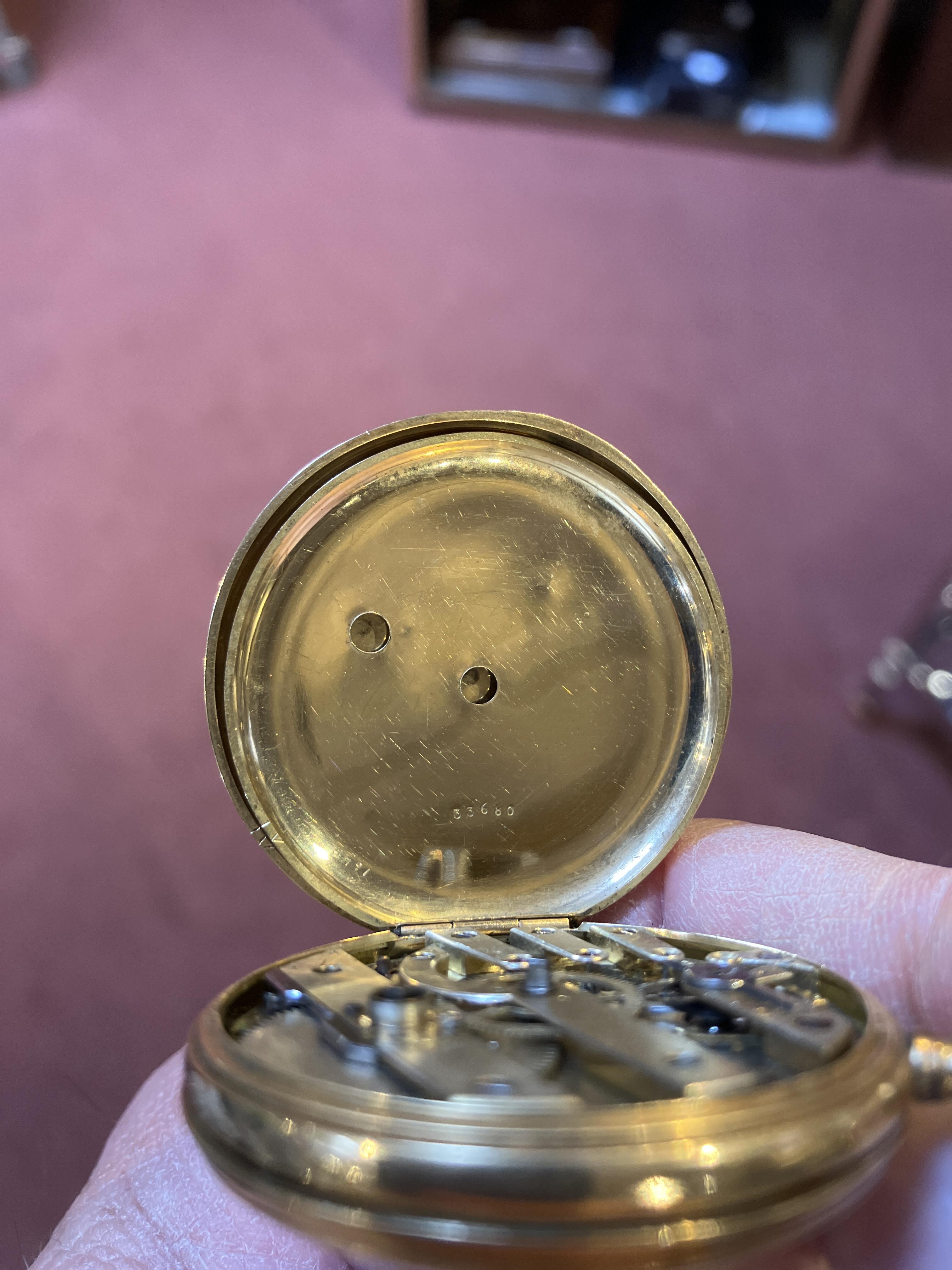 A Continental 18k gold hunter pocket watch, the engine turned front engraved with a cherub, - Image 5 of 6