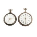 A George III silver pair cased pocket watch, with white enamel dial, the turned pillar verge
