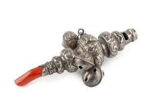 A late Victorian silver baby's rattle and whistle, hung with bells and having coral teether by Colen