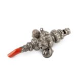 A late Victorian silver baby's rattle and whistle, hung with bells and having coral teether by Colen