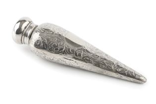 A late Victorian silver scent bottle, of icicle form, engraved with scrolling foliage and having