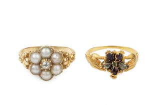 A 19th century diamond and split pearl cluster ring, the central old cut diamond within a border