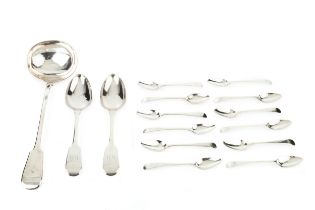 A pair of early Victorian silver fiddle pattern table spoons, by John Stone, Exeter 1849, a set of