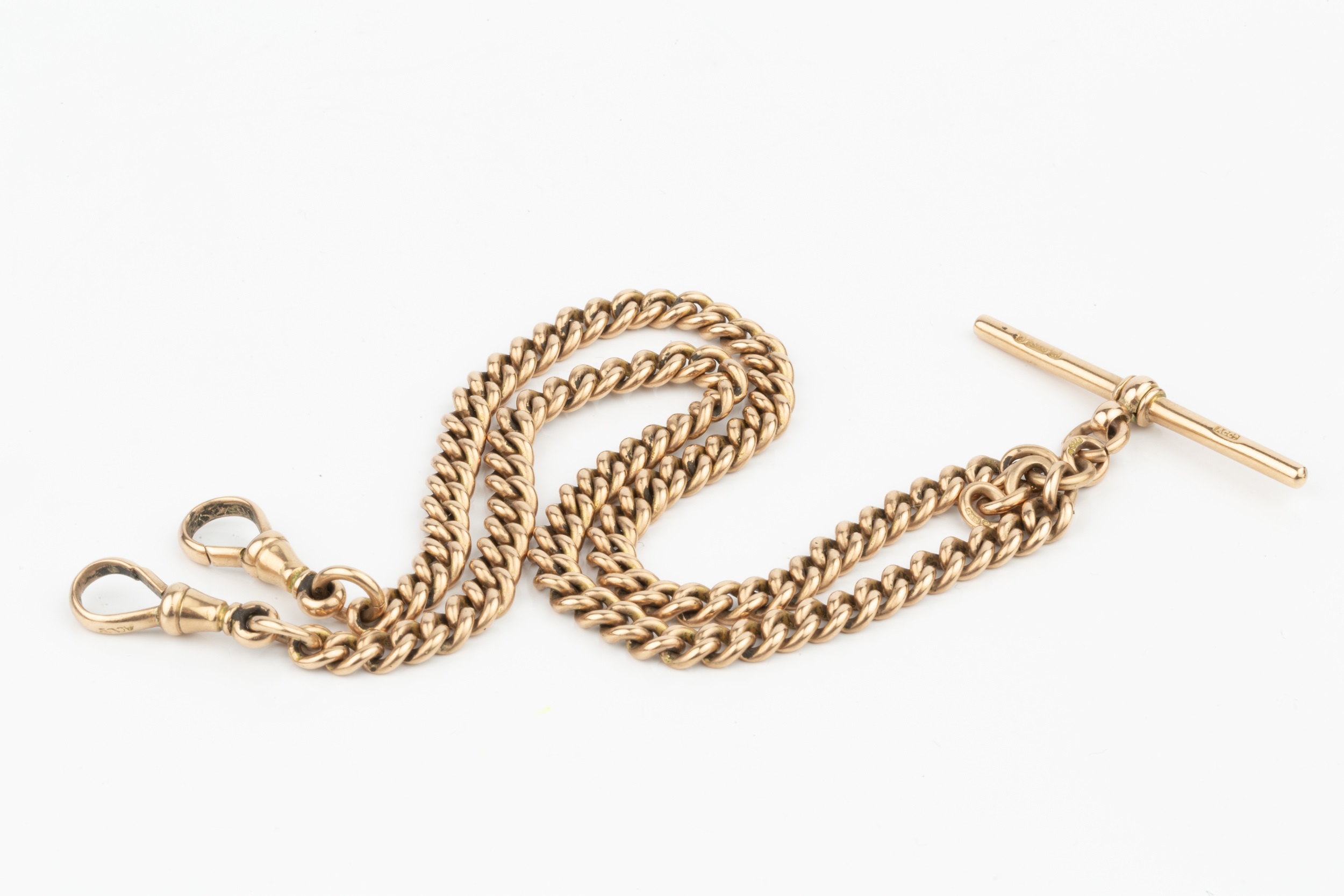 A 9ct gold curb link double Albert chain, with T-bar, stamped 9 375, 39.5cm long overall Approx - Image 2 of 2