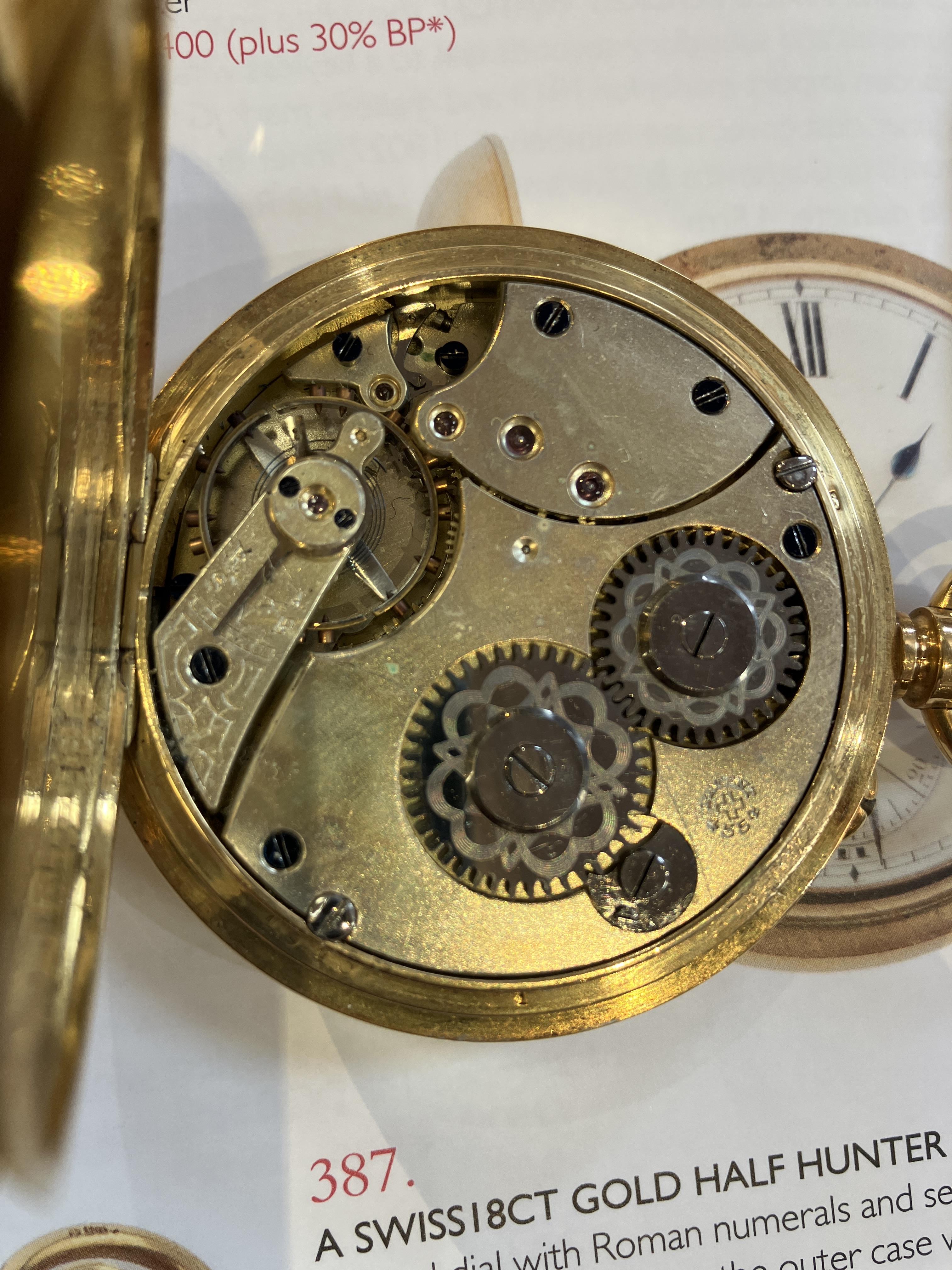 A Swiss 18ct gold hunter pocket watch, having white enamel dial with seconds subsidiary dial, and - Image 4 of 4