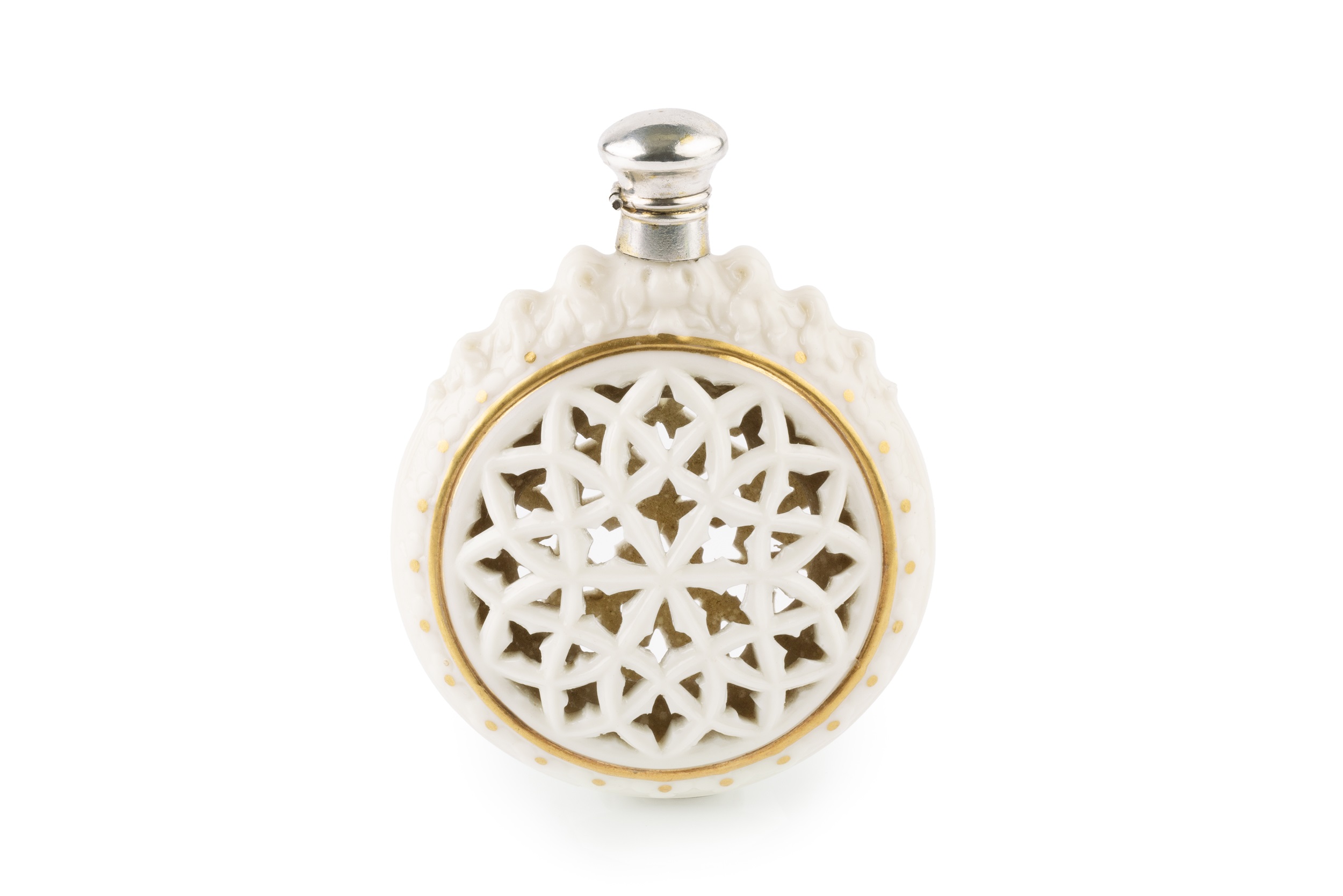 A late Victorian reticulated porcelain scent bottle, in the manner of Grainger's Worcester, of