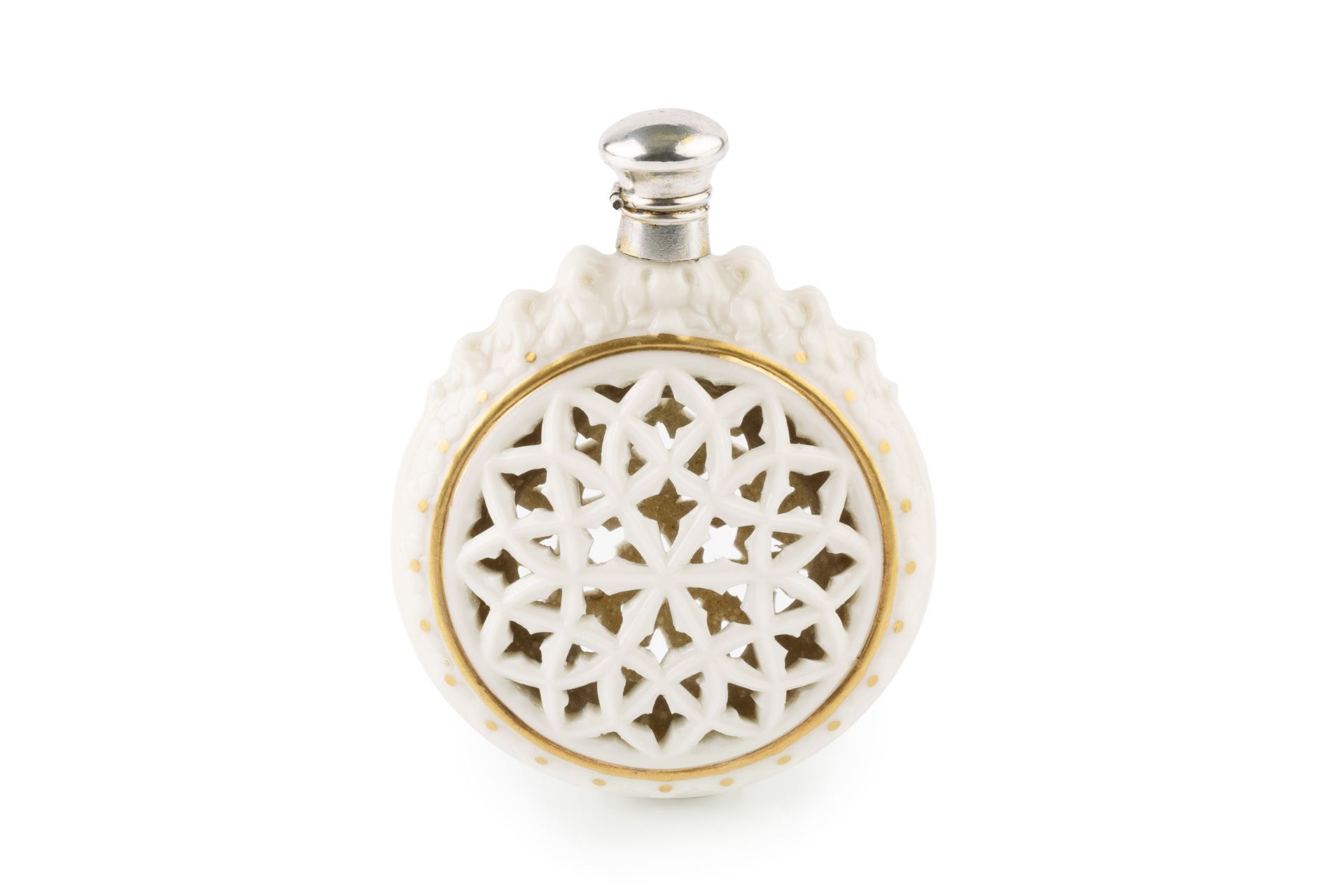 A late Victorian reticulated porcelain scent bottle, in the manner of Grainger's Worcester, of