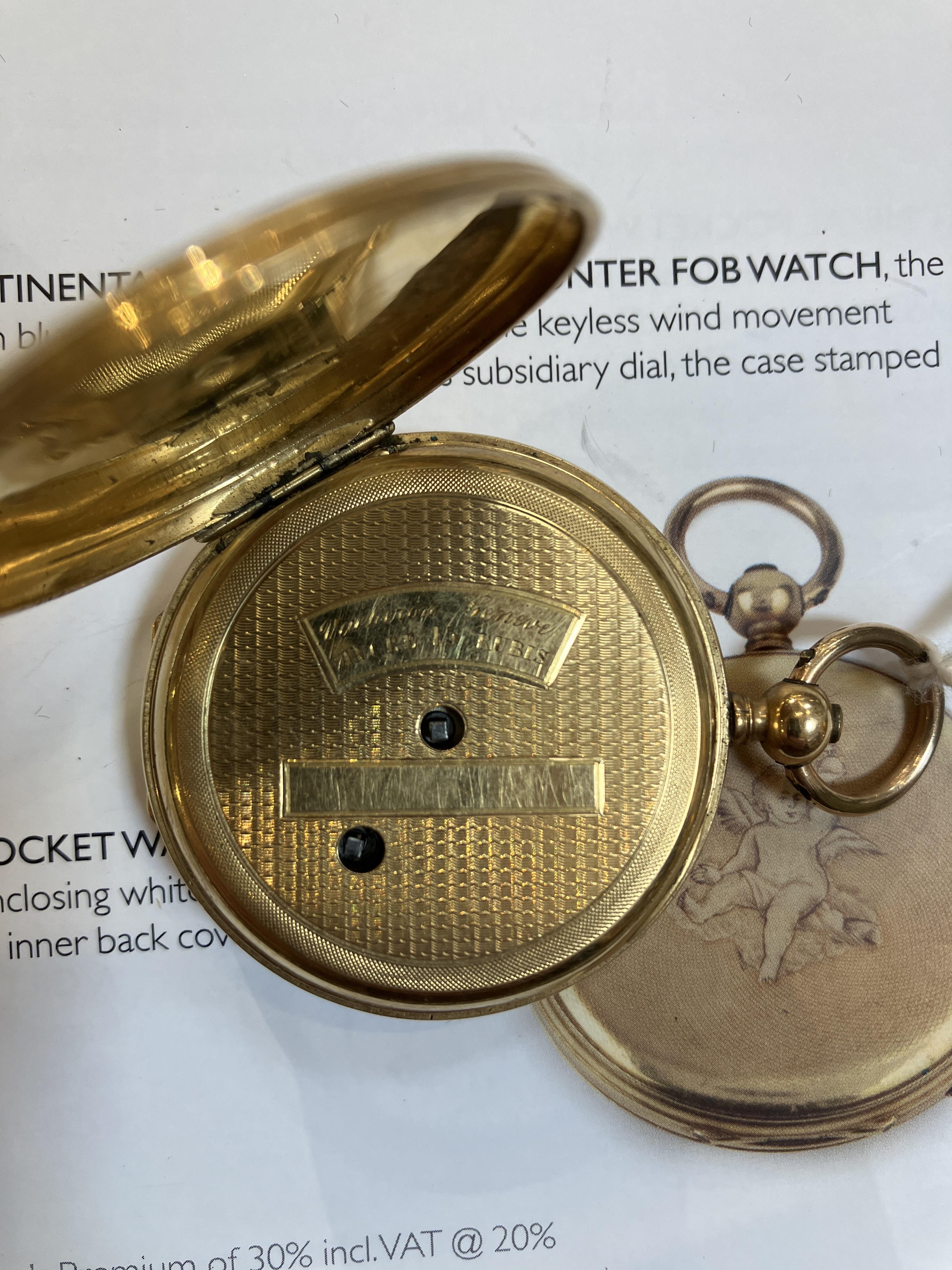 A Continental 18k gold hunter pocket watch, the engine turned front engraved with a cherub, - Image 6 of 6