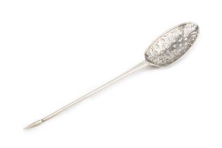 An 18th century silver mote spoon, with pierced and engraved bowl, maker's mark only possibly S.R or