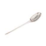 An 18th century silver mote spoon, with pierced and engraved bowl, maker's mark only possibly S.R or