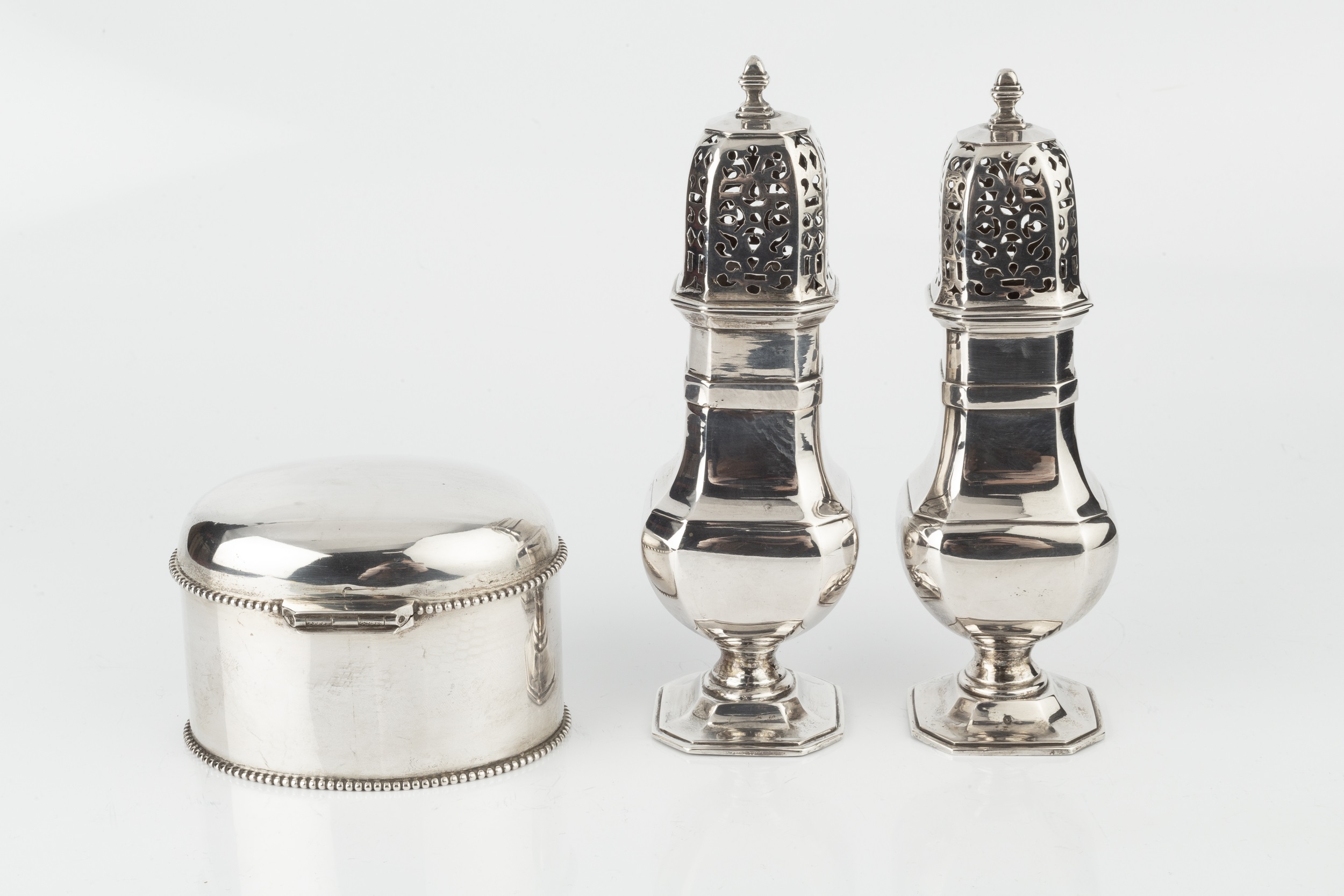A Dutch silver oval tea caddy, with beaded borders and hinged domed cover, 9.5cm wide, and a pair of - Image 2 of 2