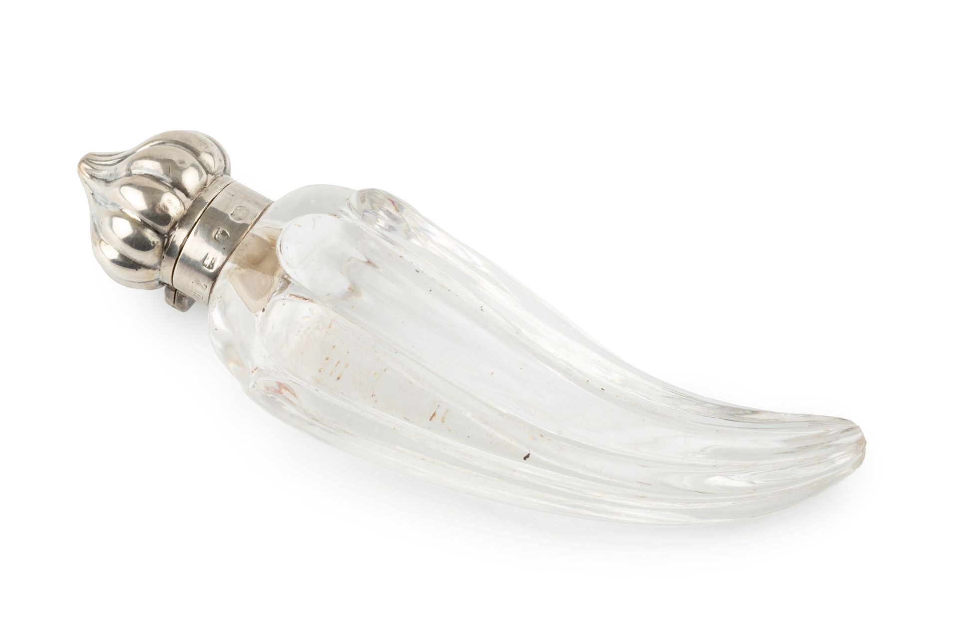 A late Victorian silver mounted glass scent bottle, of curved and lobed form, the hinged domed and - Image 2 of 4
