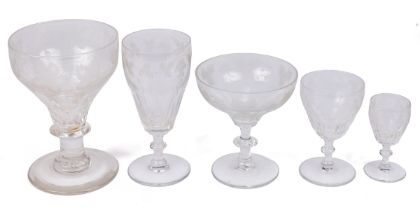 A set of wine glasses with etched grapevine decoration