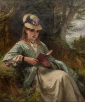 Thomas Brooks (British 1818-1891), a woman reading in a woodland