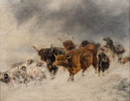 Joseph Farquharson (Scottish 1846-1935), Scottish herdsmen in a storm