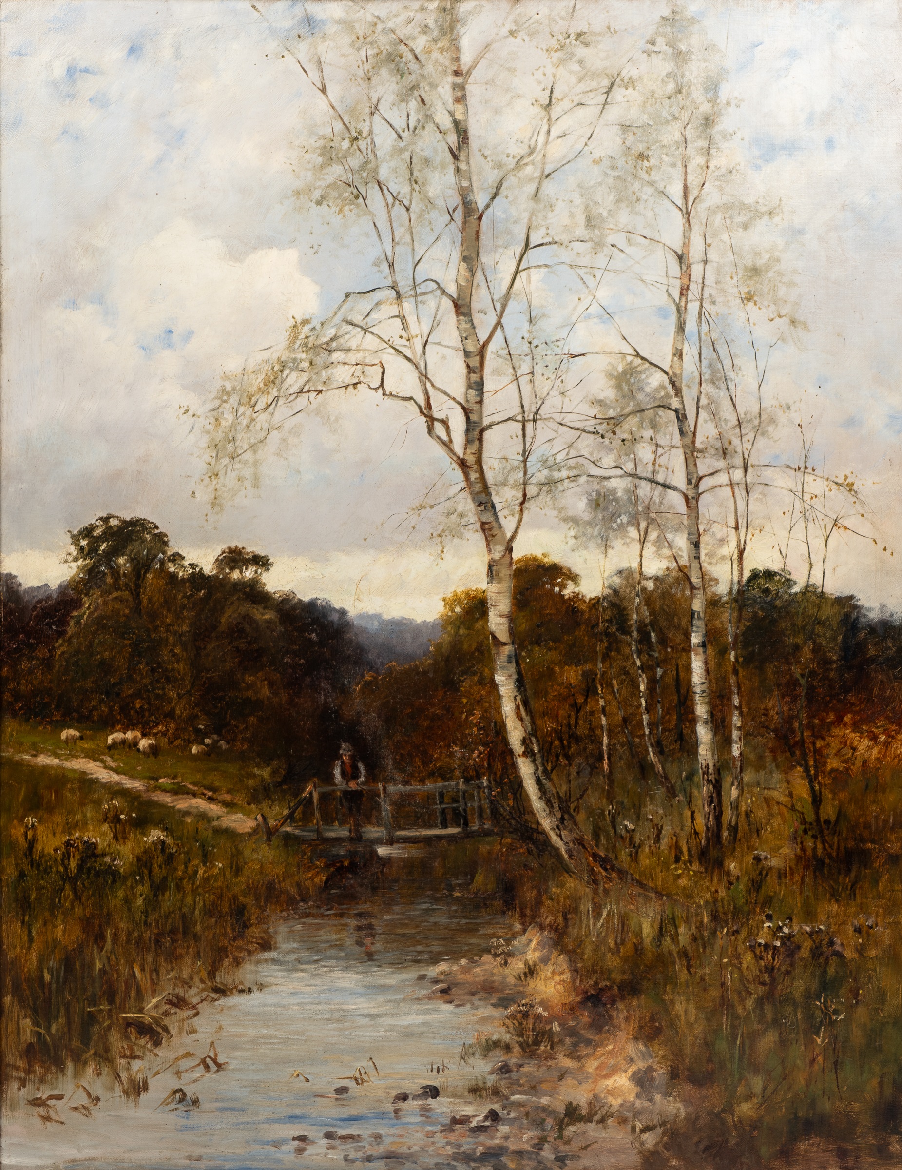 Late 19th century British School, a man fishing on a bridge under a birch tree