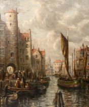 A. Struan Robertson (19th/20th Century), a Continental town view with ships unloading