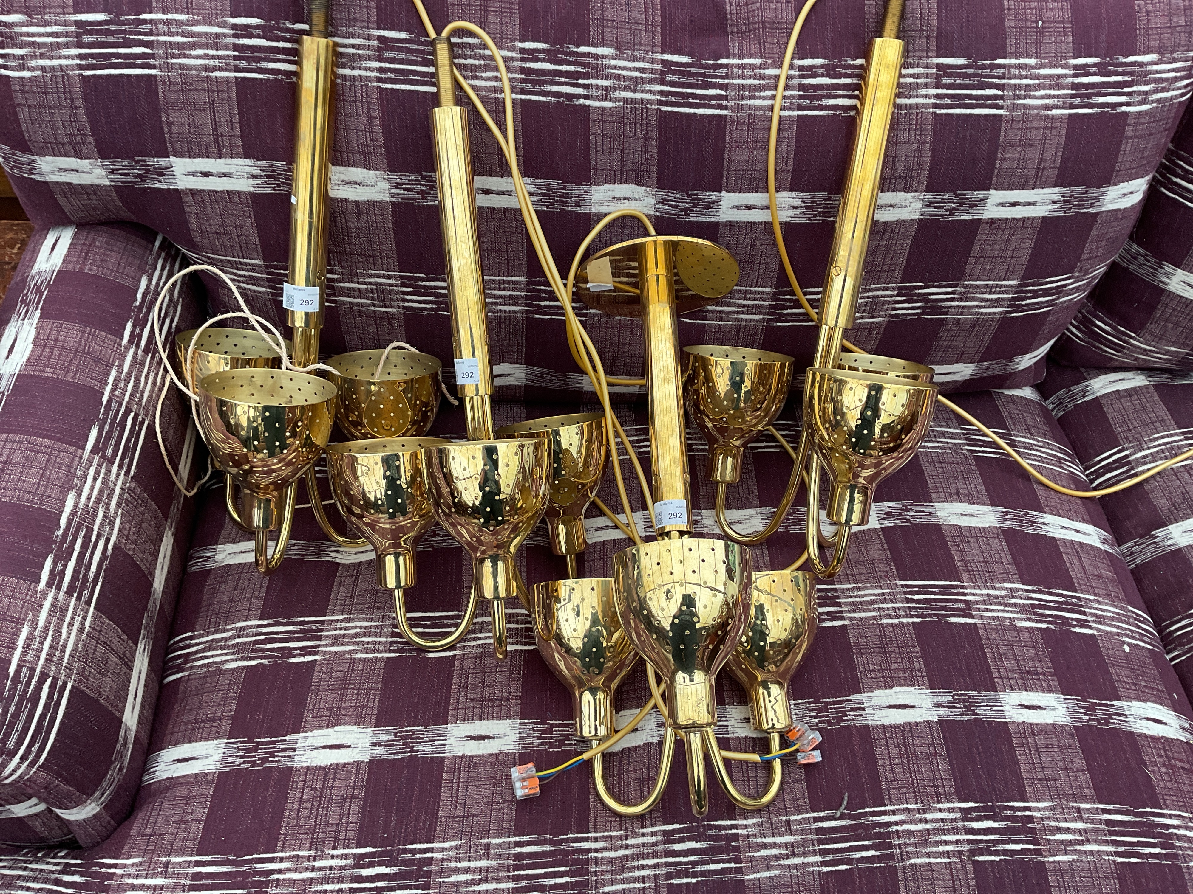 A set of four Kalmar three-branch brass chandeliers - Image 6 of 8