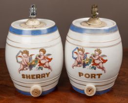 A pair of table lamps converted from ceramic fortified wine barrels