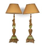 A pair of gold-painted and green table lamps