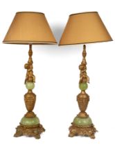 A pair of gold-painted and green table lamps