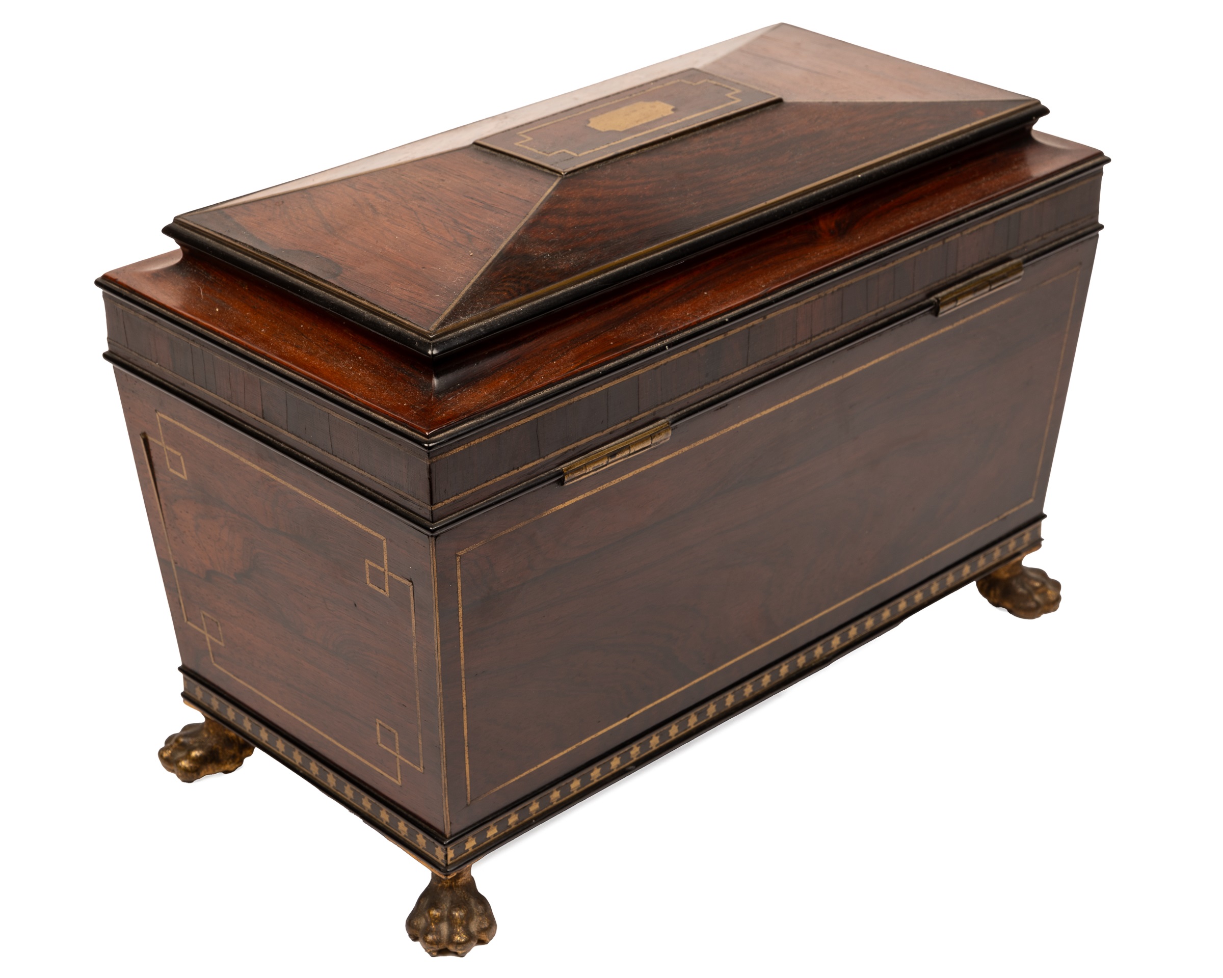 A rosewood tea caddy with brass inlaid banding - Image 2 of 6