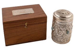 A Myanmar teak white metal lidded box