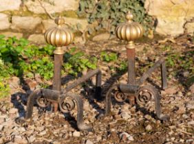 A pair of antique brass and wrought iron fire dogs