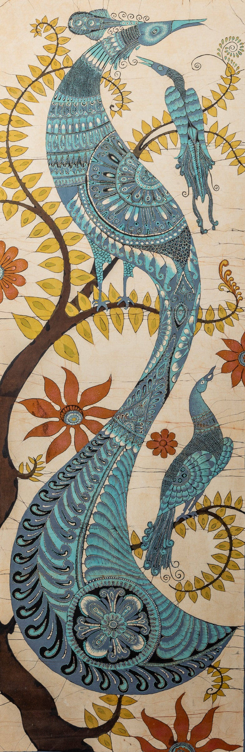 A Batik picture on cloth of a peacock