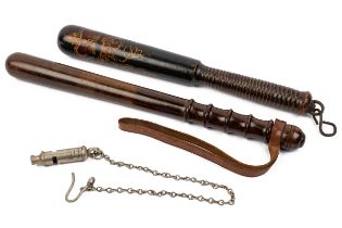 A Victorian Policemans' truncheon, a further truncheon, and a whistle