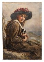 Walter C. Urwick (British 1864-1943), portrait of a lady at the seaside with a puppy