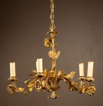 A gilt metal five-branch chandelier
